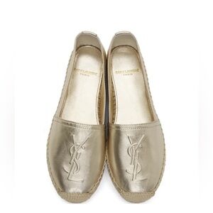NEW* SAINT LAURENT Gold YSL Logo-embossed leather espadrilles size 38 (us 8)